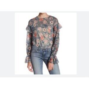 Melrose and Market Sheer Floral Lace Ruffle Long Sleeve Blouse Size MD